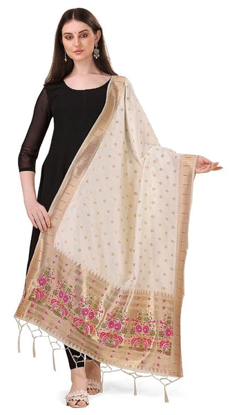 Mayawye Women's Silk Pure Zari weaving Duppatta (White, Length: 2-2.3 Mtrs)