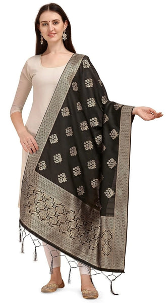 Mayawye Women's Silk Pure Zari weaving Duppatta (Black, Length: 2-2.3 Mtrs)