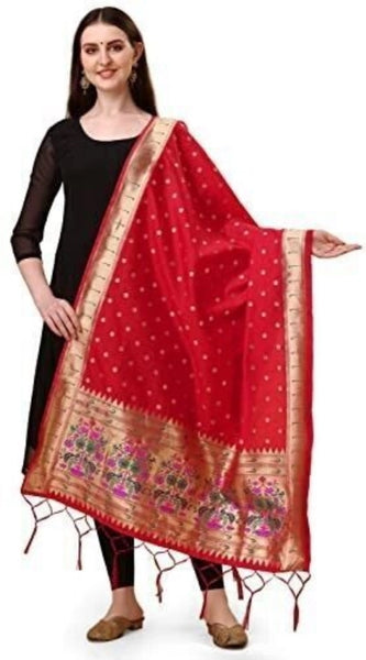 Mayawye Women's Silk Pure Zari weaving Duppatta (Red, Length: 2-2.3 Mtrs)
