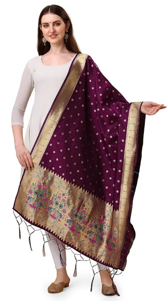Mayawye Women's Silk Pure Zari weaving Duppatta (Purple, Length: 2-2.3 Mtrs)