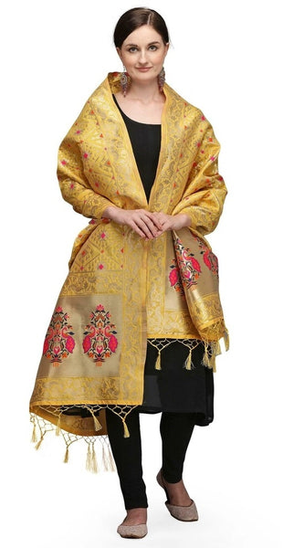 Mayawye Women's Silk Pure Zari weaving Duppatta (Mustard Yellow, Length: 2-2.3 Mtrs)