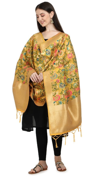 Mayawye Women's Silk Pure Zari weaving Duppatta (Yellow, Length: 2-2.3 Mtrs)