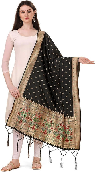 Mayawye Women's Silk Pure Zari weaving Duppatta (Black, Length: 2-2.3 Mtrs)
