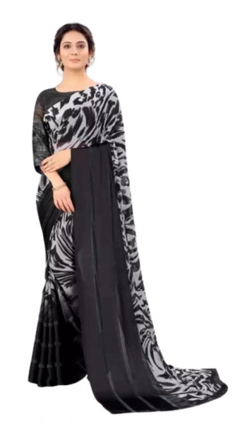 Mayawye Women's Satin Patta Printed Saree With Unstitched Blouse (Grey)