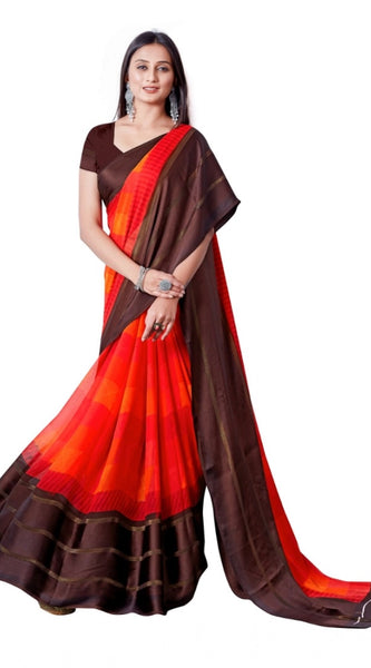 Mayawye Women's Satin Patta Printed Saree With Unstitched Blouse (Red)