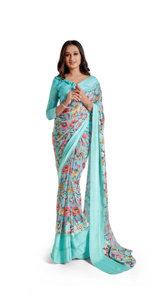Mayawye Women's Satin Patta Printed Saree With Unstitched Blouse (Skyblue)