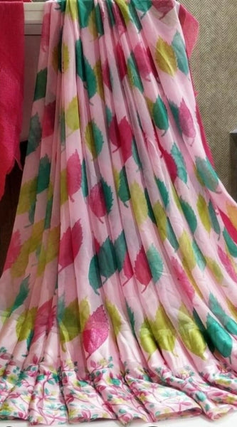 Mayawye Women's Satin Patta Printed Saree With Unstitched Blouse (Pink)