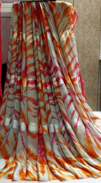 Mayawye Women's Satin Patta Printed Saree With Unstitched Blouse (Orange)