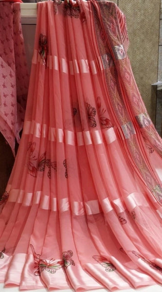 Mayawye Women's Satin Patta Printed Saree With Unstitched Blouse (Pink)