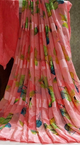 Mayawye Women's Satin Patta Printed Saree With Unstitched Blouse (Pink)