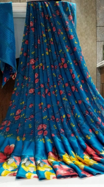 Mayawye Women's Satin Patta Printed Saree With Unstitched Blouse (Navy Blue)