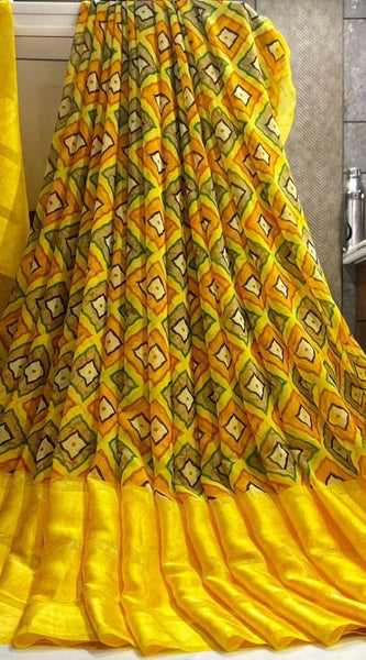 Mayawye Women's Satin Patta Printed Saree With Unstitched Blouse (Yellow)