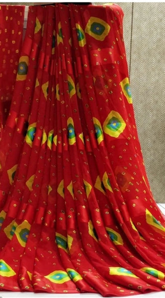 Mayawye Women's Satin Patta Printed Saree With Unstitched Blouse (Red)