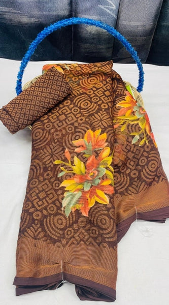 Mayawye Women's Viscose Rayon Printed Saree With Unstitched Blouse (Brown)
