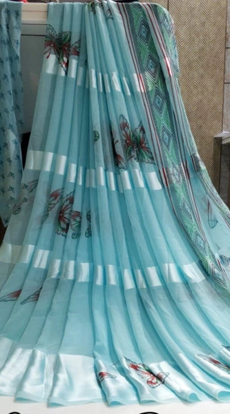 Mayawye Women's Satin Patta Printed Saree With Unstitched Blouse (Skyblue)