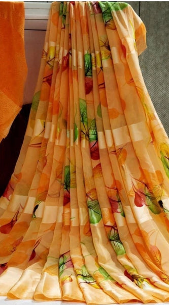 Mayawye Women's Satin Patta Printed Saree With Unstitched Blouse (Orange)