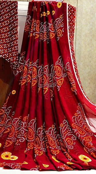 Mayawye Women's Georgette Printed Saree With Unstitched Blouse (Maroon)