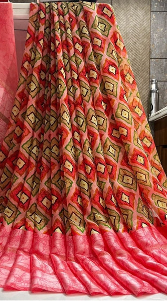 Mayawye Women's Satin Patta Printed Saree With Unstitched Blouse (Pink)