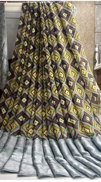 Mayawye Women's Satin Patta Printed Saree With Unstitched Blouse (Grey)