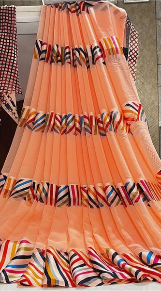Mayawye Women's Satin Patta Printed Saree With Unstitched Blouse (Peach)
