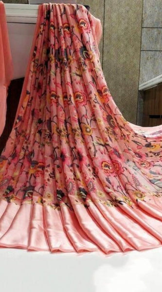 Mayawye Women's Satin Patta Printed Saree With Unstitched Blouse (Pink)