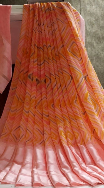 Mayawye Women's Satin Patta Printed Saree With Unstitched Blouse (Peach)
