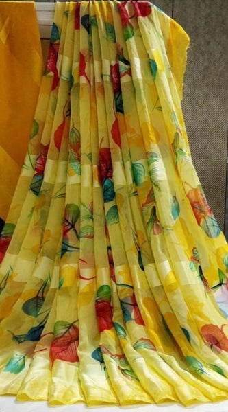 Mayawye Women's Satin Patta Printed Saree With Unstitched Blouse (Yellow)