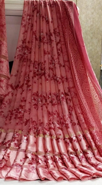 Mayawye Women's Satin Patta Printed Saree With Unstitched Blouse (Pink)