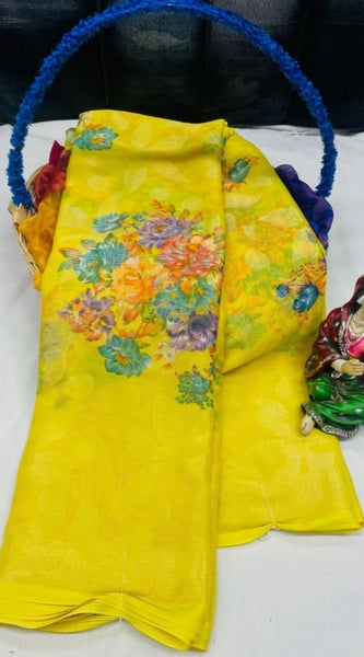 Mayawye Women's Viscose Rayon Printed Saree With Unstitched Blouse (Yellow)