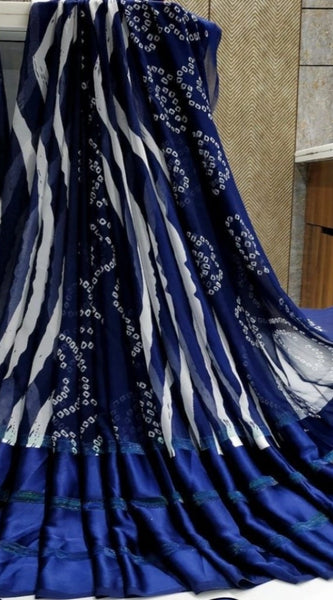 Mayawye Women's Satin Patta Printed Saree With Unstitched Blouse (Blue)