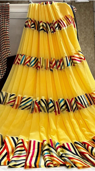 Mayawye Women's Satin Patta Printed Saree With Unstitched Blouse (Yellow)
