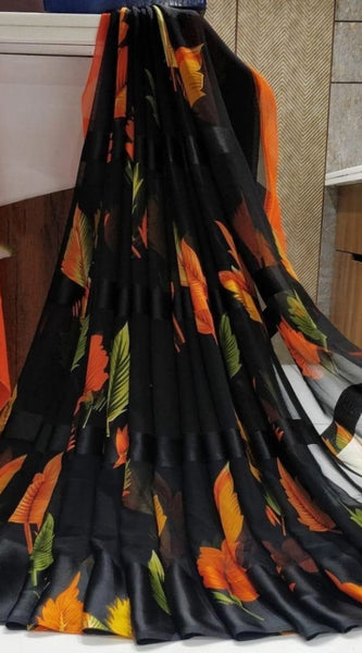 Mayawye Women's Satin Patta Printed Saree With Unstitched Blouse (Orange)