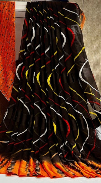 Mayawye Women's Satin Patta Printed Saree With Unstitched Blouse (Orange)