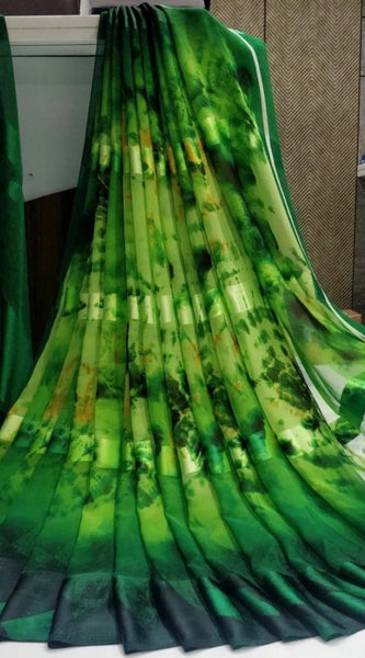 Mayawye Women's Satin Patta Printed Saree With Unstitched Blouse (Green)