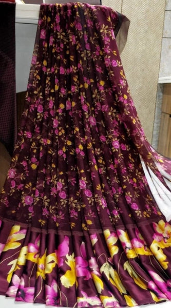 Mayawye Women's Satin Patta Printed Saree With Unstitched Blouse (Purple)