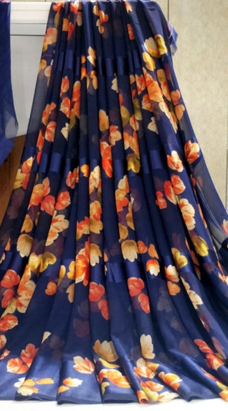 Mayawye Women's Satin Patta Printed Saree With Unstitched Blouse (Blue)