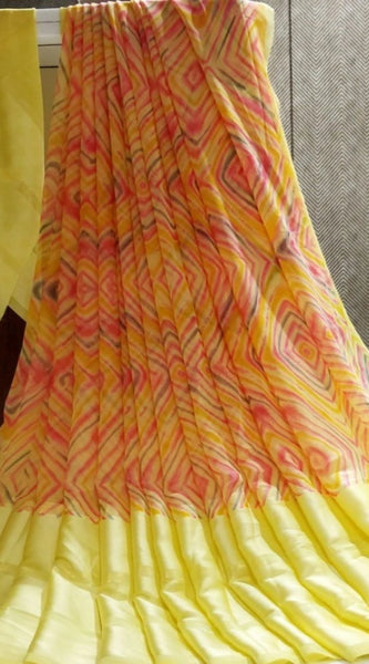 Mayawye Women's Satin Patta Printed Saree With Unstitched Blouse (Yellow)
