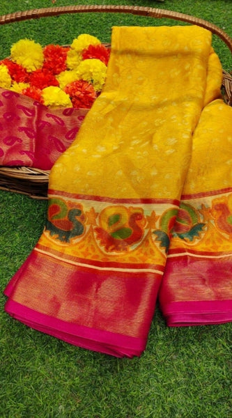 Mayawye Women's Viscose Rayon Printed Saree With Unstitched Blouse (Yellow)
