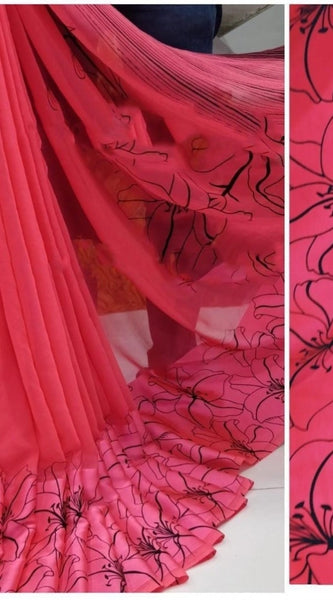 Mayawye Women's Satin Patta Printed Saree With Unstitched Blouse (Pink)
