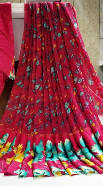 Mayawye Women's Satin Patta Printed Saree With Unstitched Blouse (Pink)