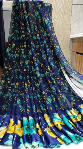 Mayawye Women's Satin Patta Printed Saree With Unstitched Blouse (Blue)