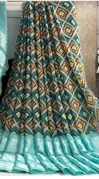 Mayawye Women's Satin Patta Printed Saree With Unstitched Blouse (Skyblue)