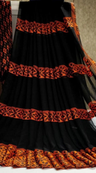 Mayawye Women's Satin Patta Printed Saree With Unstitched Blouse (Orange)