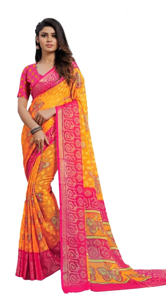 Mayawye Women's Viscose Rayon Printed Saree With Unstitched Blouse (Yellow)