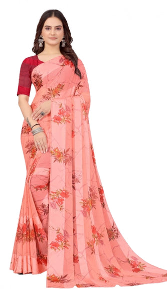 Mayawye Women's Satin Patta Printed Saree With Unstitched Blouse (Peach)