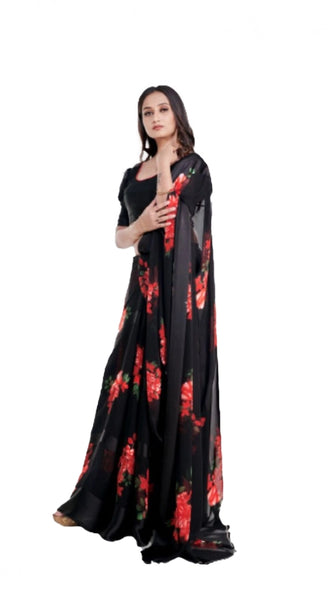 Mayawye Women's Satin Patta Printed Saree With Unstitched Blouse (Red)