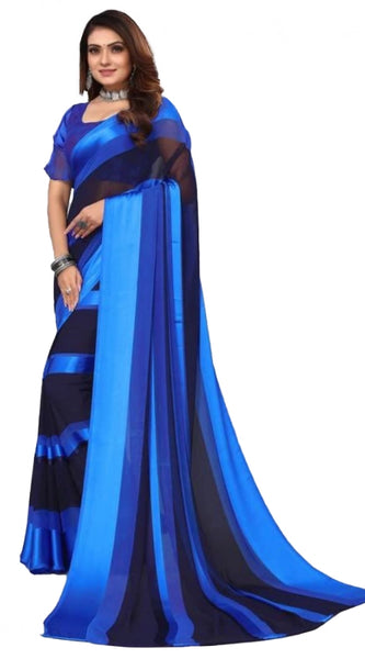 Mayawye Women's Satin Patta Printed Saree With Unstitched Blouse (Skyblue)