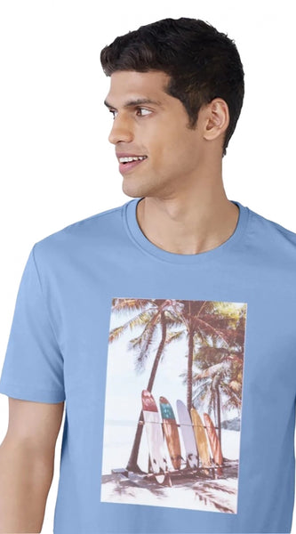 Mayawye Men's Casual Half sleeve Digital Printed Cotton Crew Neck T-shirt (Sky Blue)