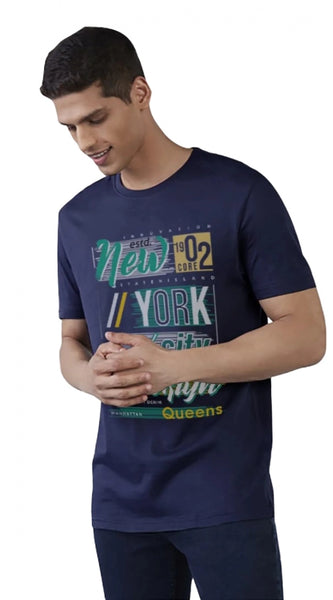 Mayawye Men's Casual Half sleeve Printed Polyester Crew Neck T-shirt (Navy)