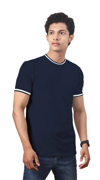 Mayawye Men's Casual Half sleeve Solid Polyester Crew Neck T-shirt (Navy)